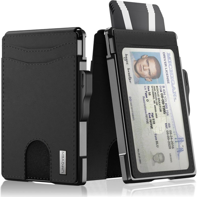 umoven محفظة للرجال - محفظة جلدية رفيعة مع تقنية حجب RFID، محفظة قابلة للطي مع حامل بطاقات معدني، مشبك نقود، فتحات بطاقات ائتمان - محفظة رجال، أسود داكن - Image 1